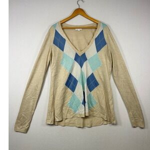 Preppy New York & Company Womens XL Tan Blue Argyle Knit‎ Sweater Long Sleeve